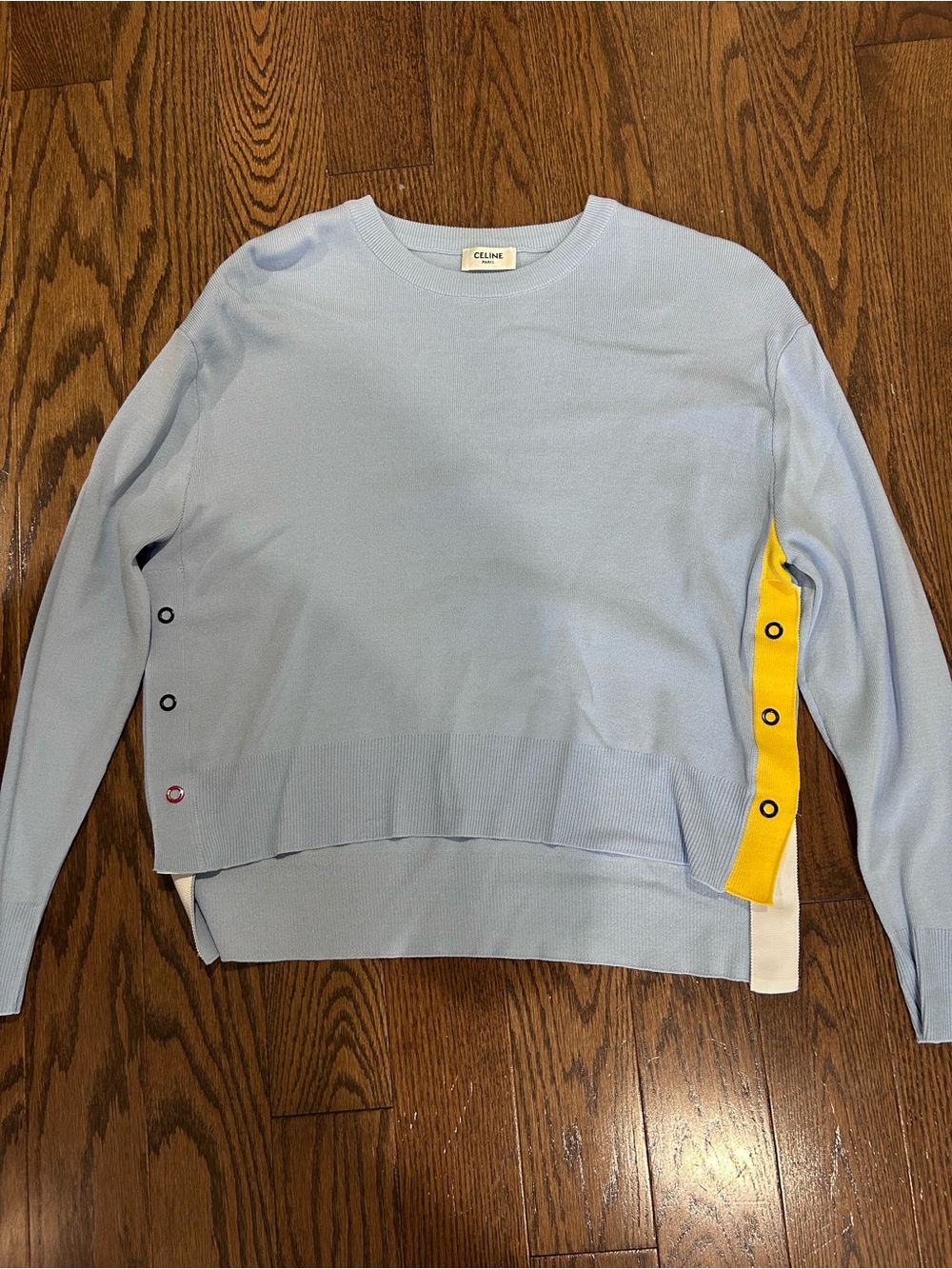 Celine Pastel Blue Crewneck Sweater with Yellow Snap Trim